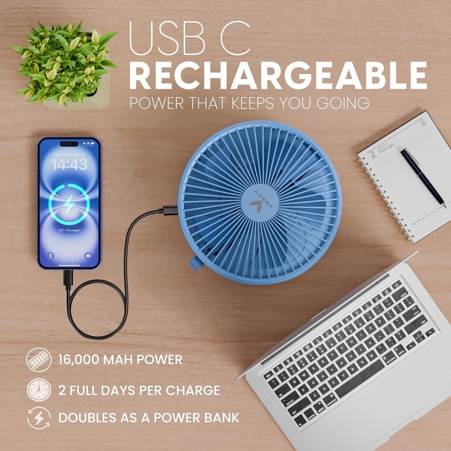Portable Foldable Fan 4-Speed w Remote LED Light USB-C Rechargeable Blue w/ Case