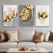 Luxury Gold Wall Art Set of 3 Framed 16x24 Modern Leaf