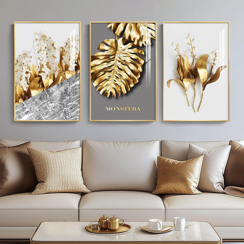Luxury Gold Wall Art Set of 3 Framed 16x24 Modern Leaf