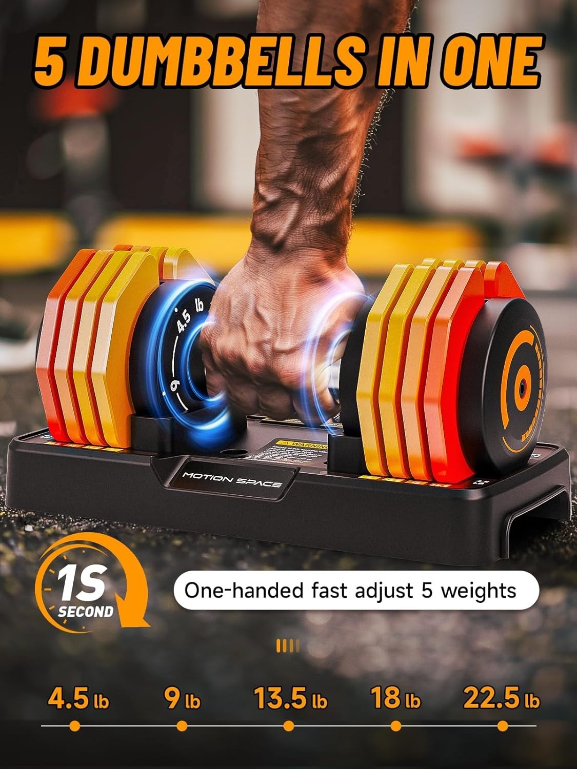 5-in-1 Adjustable Dumbbells Pair 4.5–22.5LB 1-Sec Dial Compact Home Weights