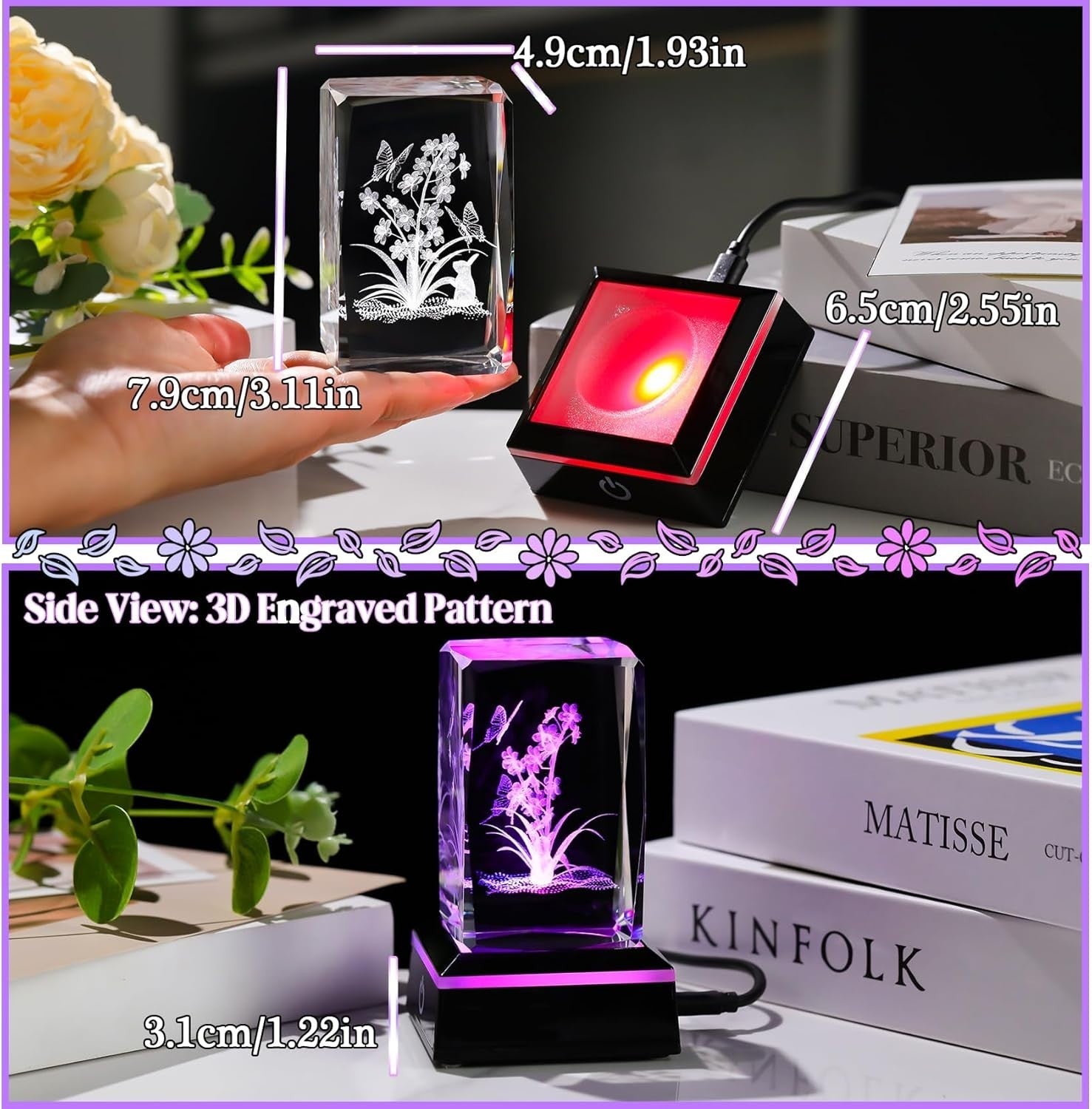 3D Crystal Flowers Rabbit LED Light Cube Gift Ornament for Women Girls Birthday