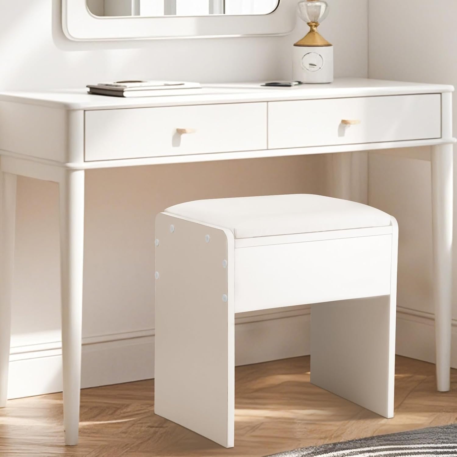 White PU Padded Vanity Stool – Compact Makeup Seat for Bedroom 40×40×26cm