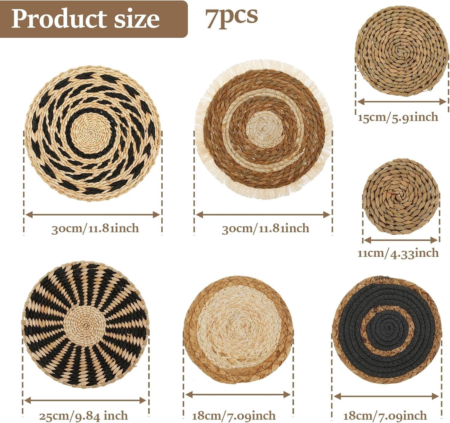 7PCS Boho Woven Wall Baskets Handmade Rattan Decor 5 Sizes