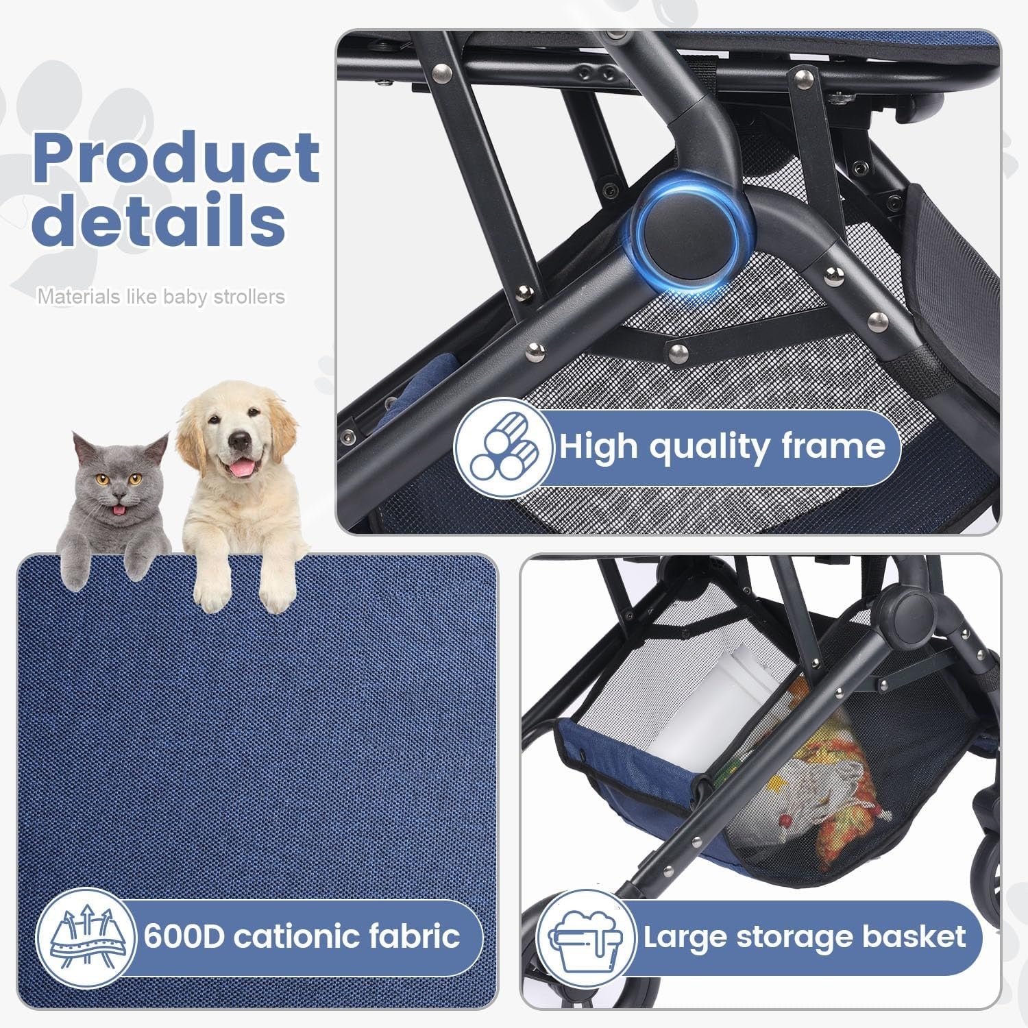 Pet Stroller 4 Wheel Folding Travel Pushchair Small Medium Dogs Navy