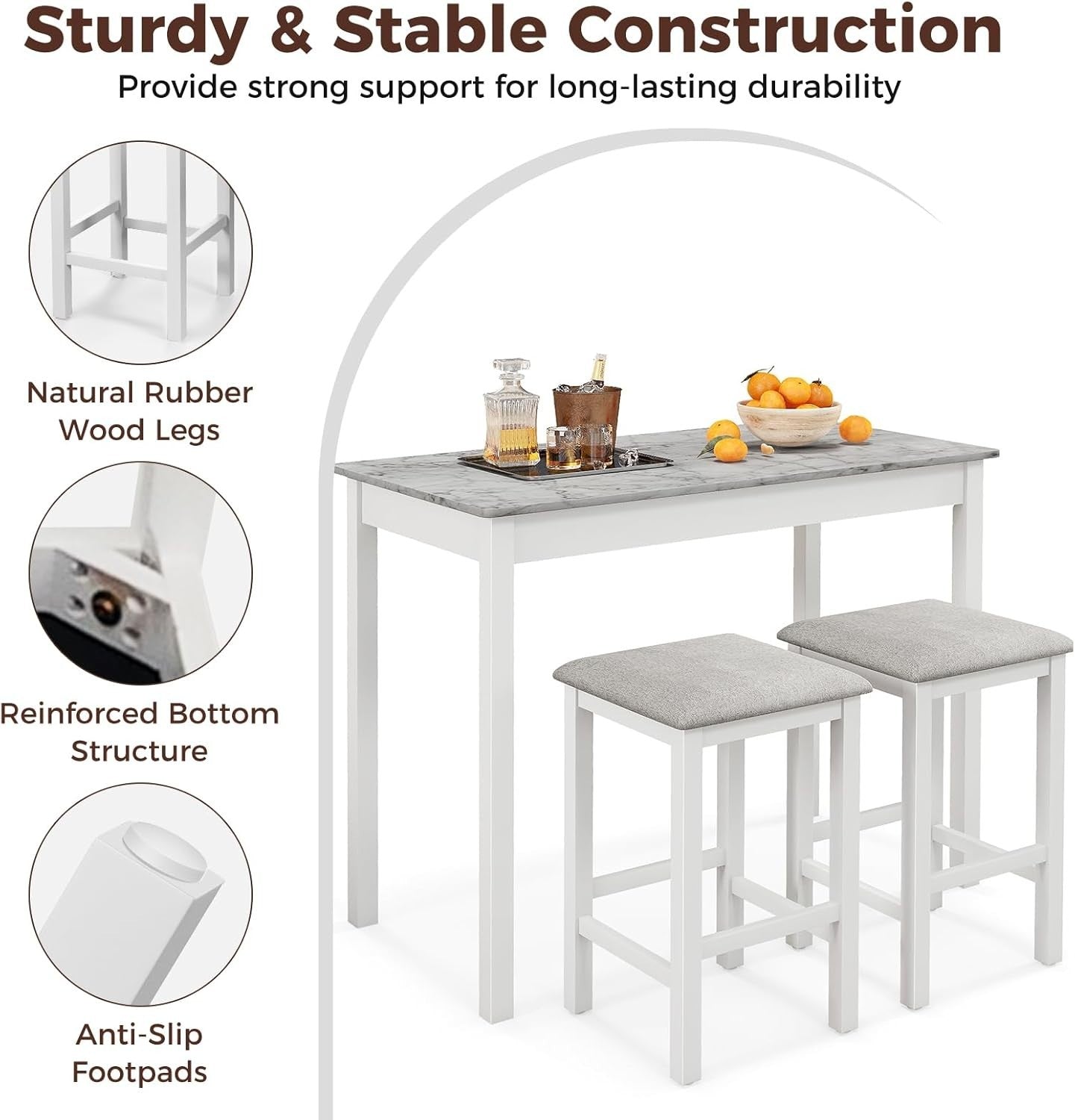 3PCS Dining Table Set Bar Table Faux Marble Top with 2 Padded Stools White Grey