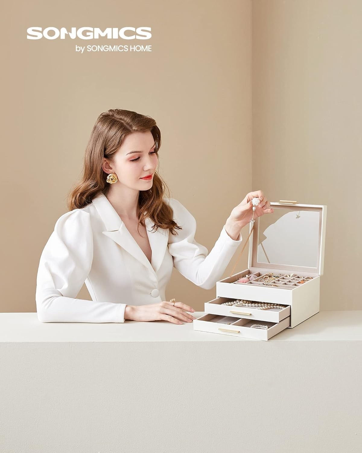 Glass Lid Jewellery Box Cloud White Gold 3 Tier Storage with 2 Drawers