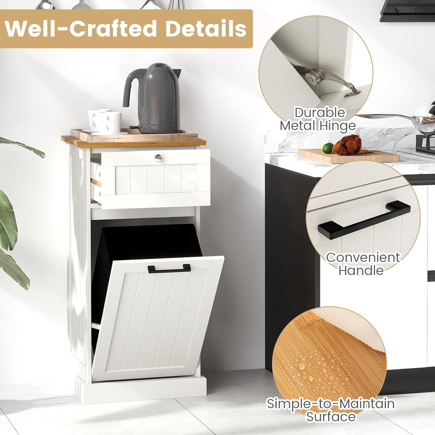 White Tilt-Out Laundry Hamper Cabinet with Drawer 30L Basket Bathroom Unit