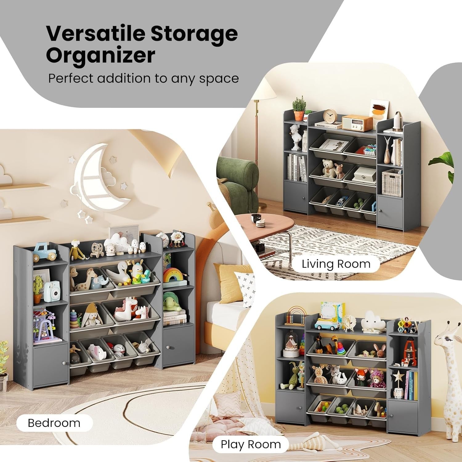 Kids Toy Storage Unit with Bins & Shelves – Large Grey Bookshelf 142cm