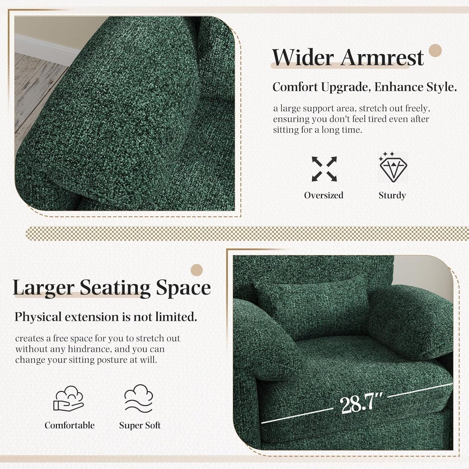 Large Green Velvet Armchair Sofa Chair High Back + Lumbar Support