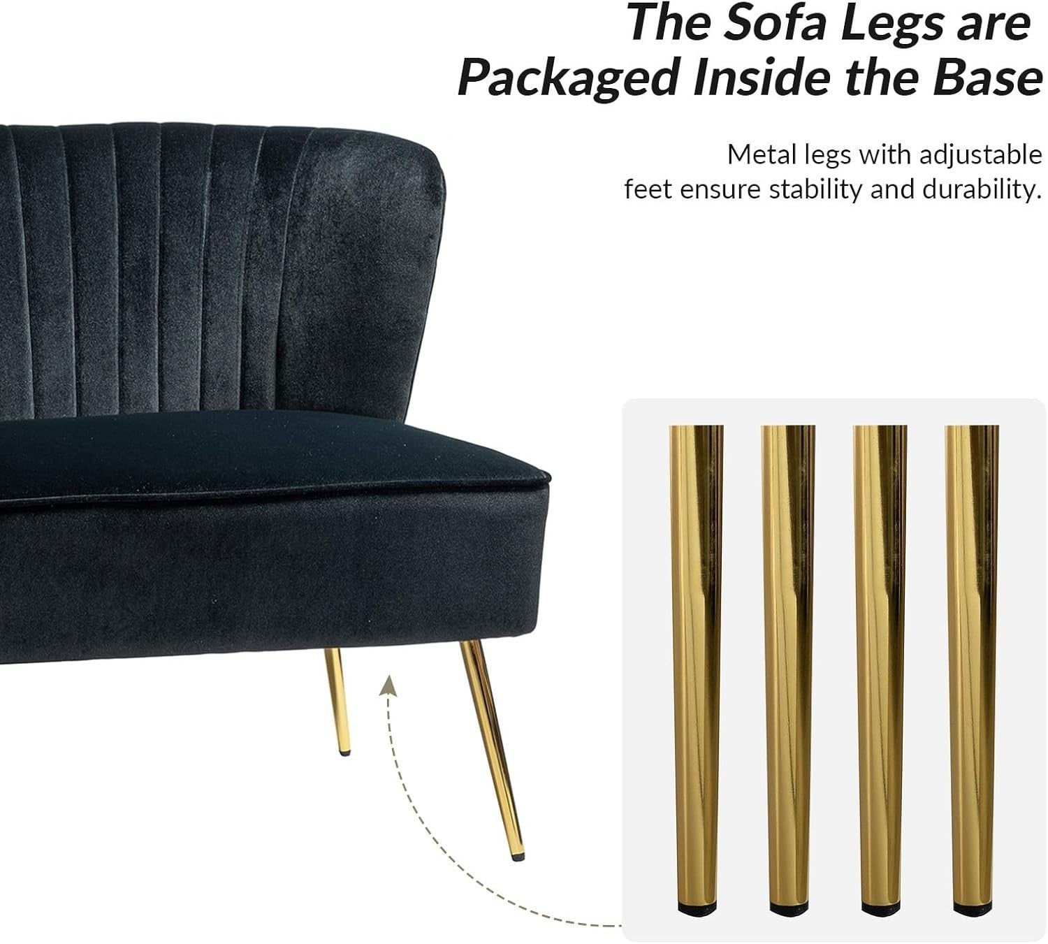 Black Velvet 2 Seater Sofa Armless Loveseat Gold Legs for Lounge or Flat