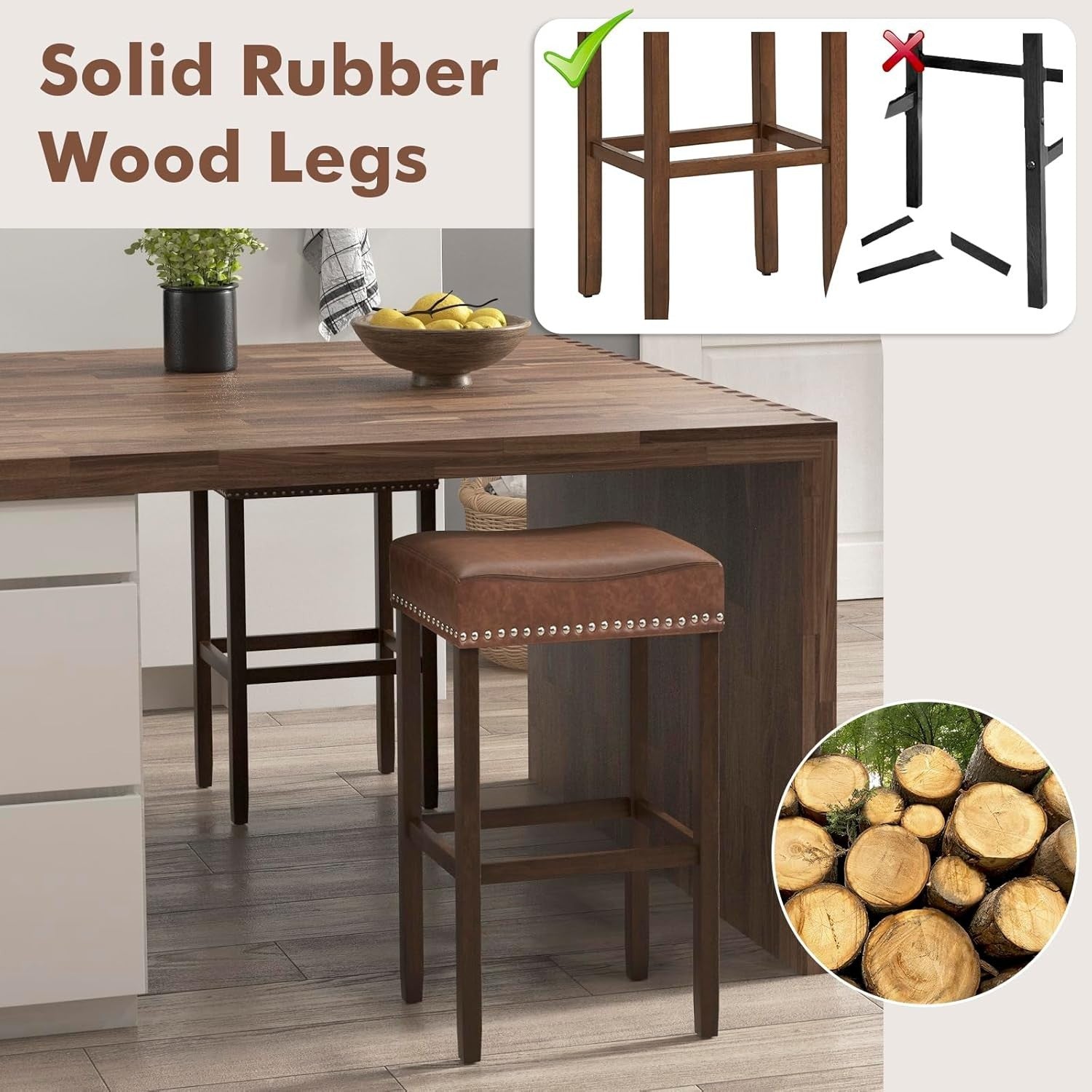 Brown Saddle Bar Stools Set of 2 – Solid Wood Counter Chairs
