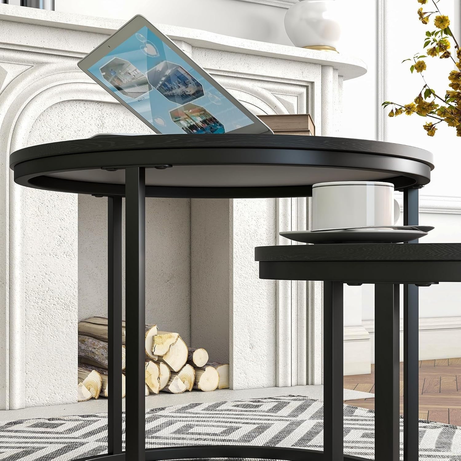 Set of 2 Black Nesting Coffee Tables Side End Stackable Round Living Room Modern