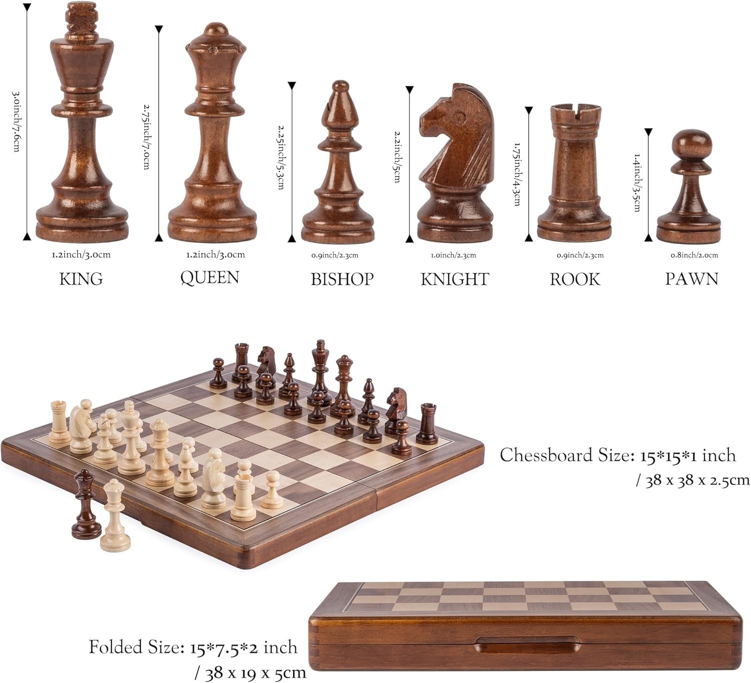 15" Magnetic Wooden Chess Set Foldable Travel Board 3" Pieces + Storage