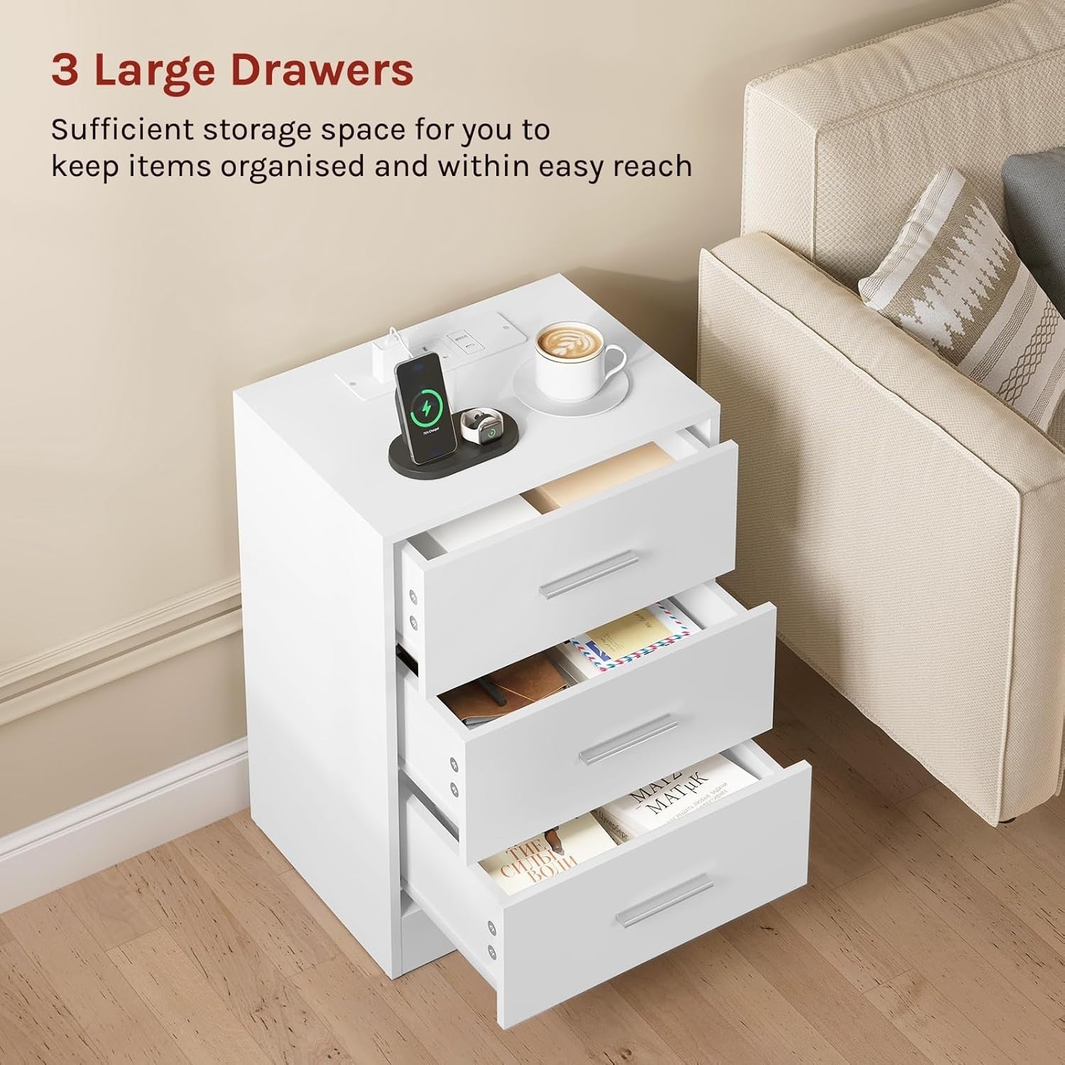 Pair of White 3 Drawer Bedside Tables with Charging Station – Modern Nightstands