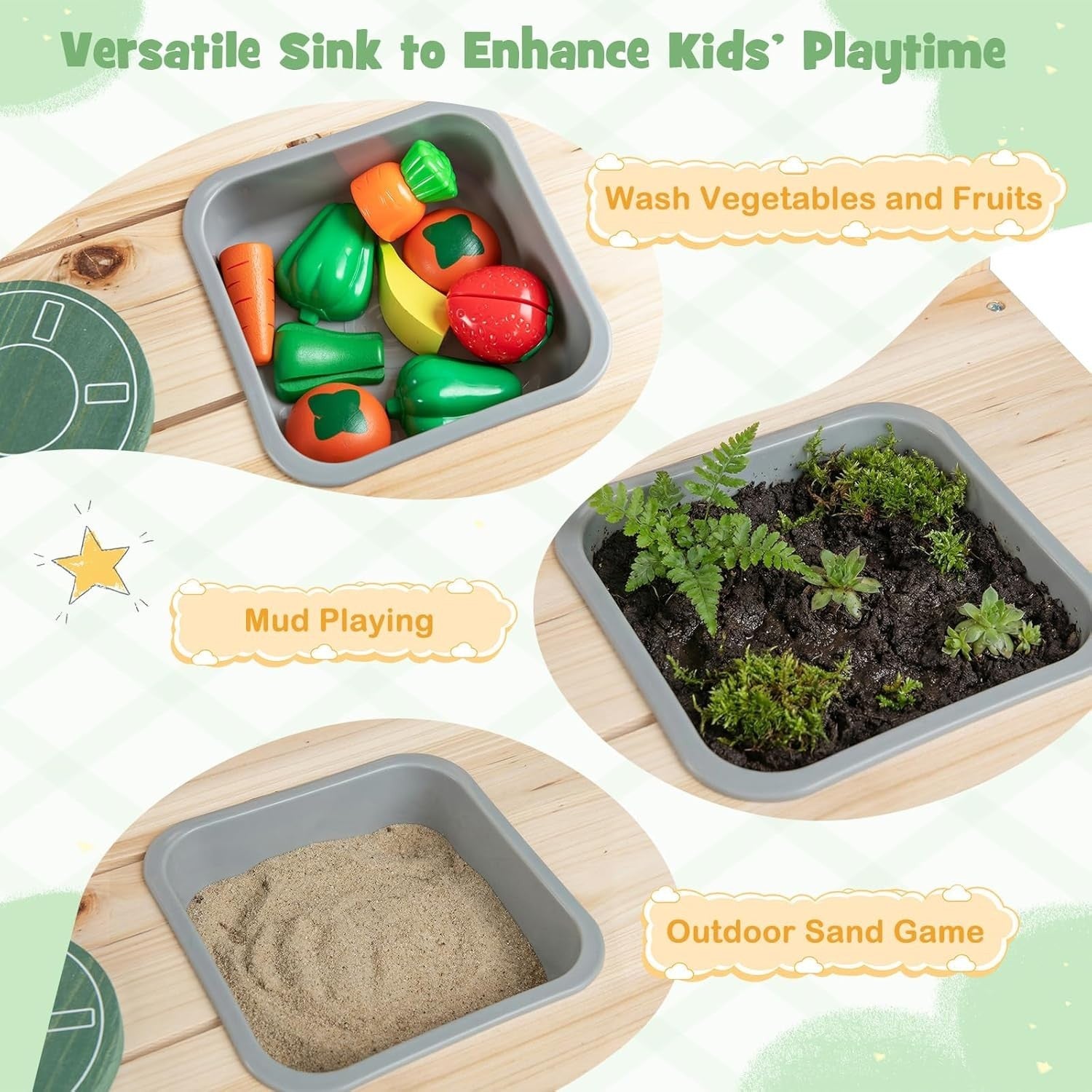 Outdoor Mud Kitchen for Kids Wooden Playset w/ Sink Chalkboard
