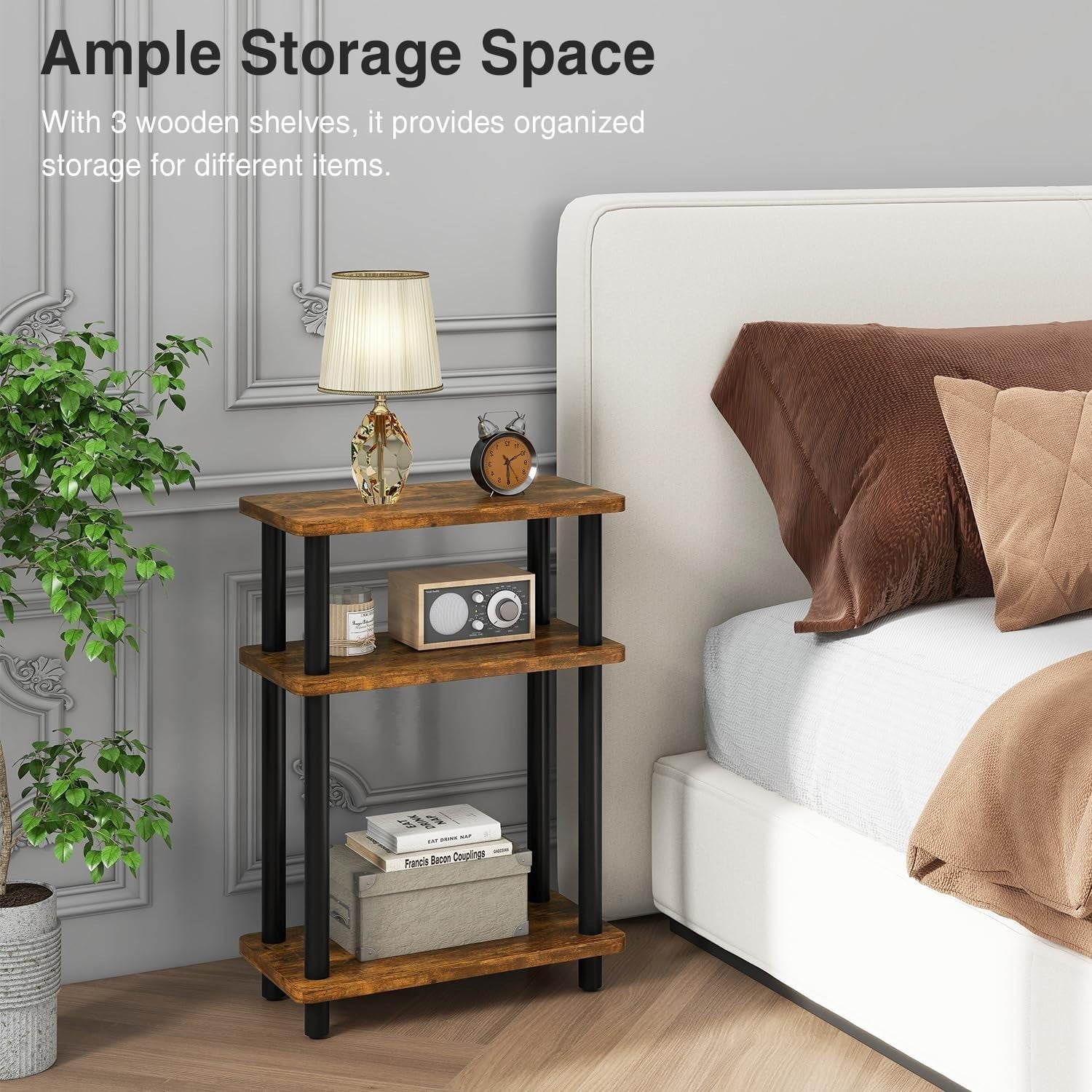 Compact Narrow Side Table with Storage Shelf, Slim, Rustic Brown, No-Tool Assemb