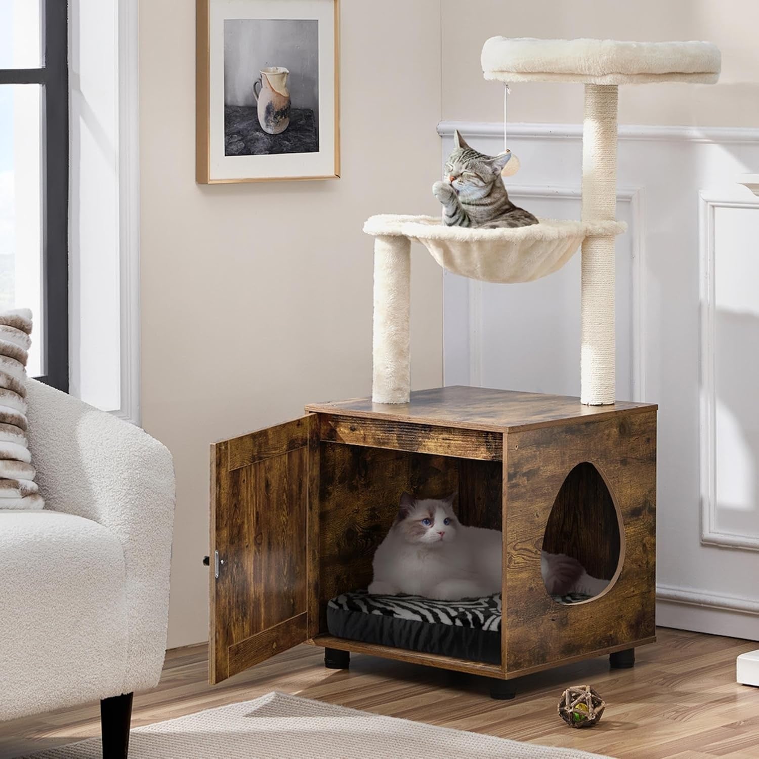 Cat Tree with Hidden Litter Box Enclosure Wooden Condo Tower Rustic Beige