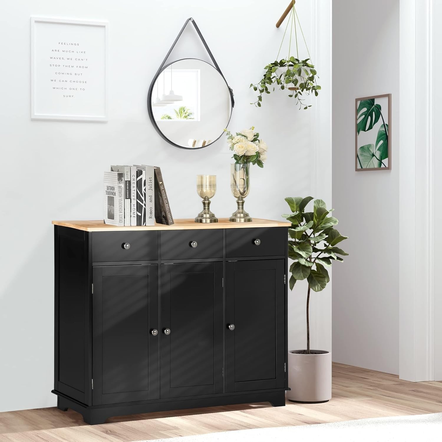 Modern Black Sideboard Buffet Cabinet with Adjustable Shelves & Storage Drawers