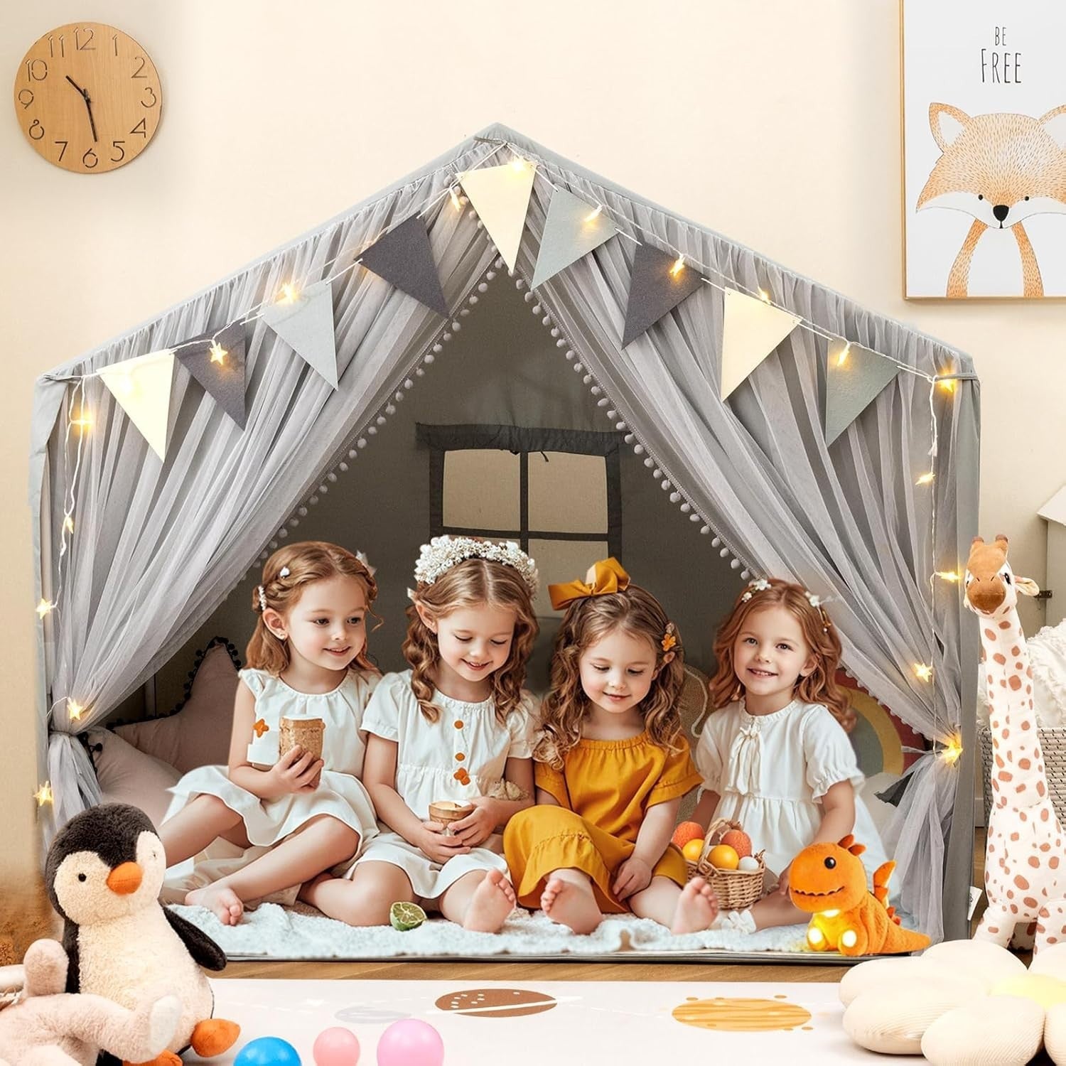 Large Kids Fairy Castle Play Tent Indoor w Mat Lights Windows Gift
