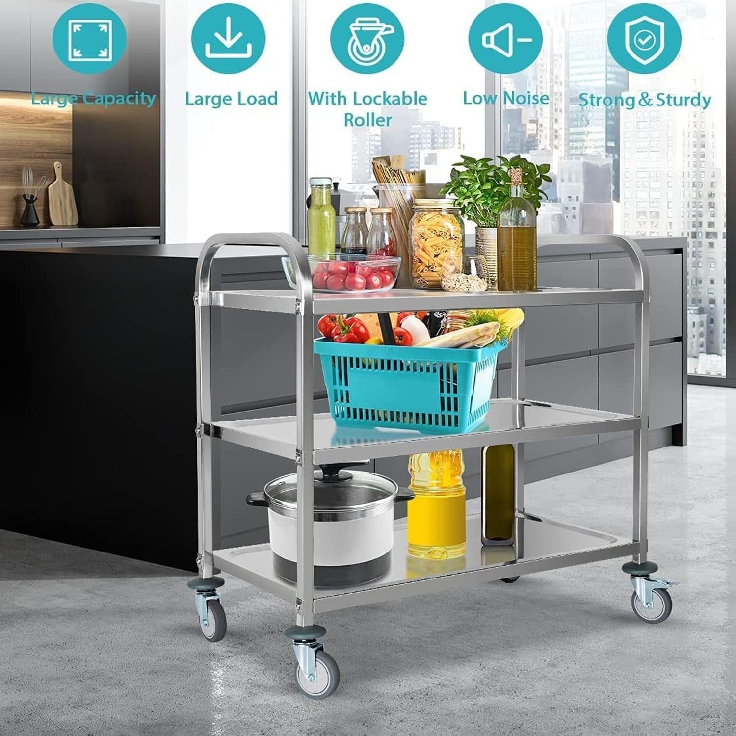 3 Tier Stainless Steel Catering Trolley w/ Locking Wheels