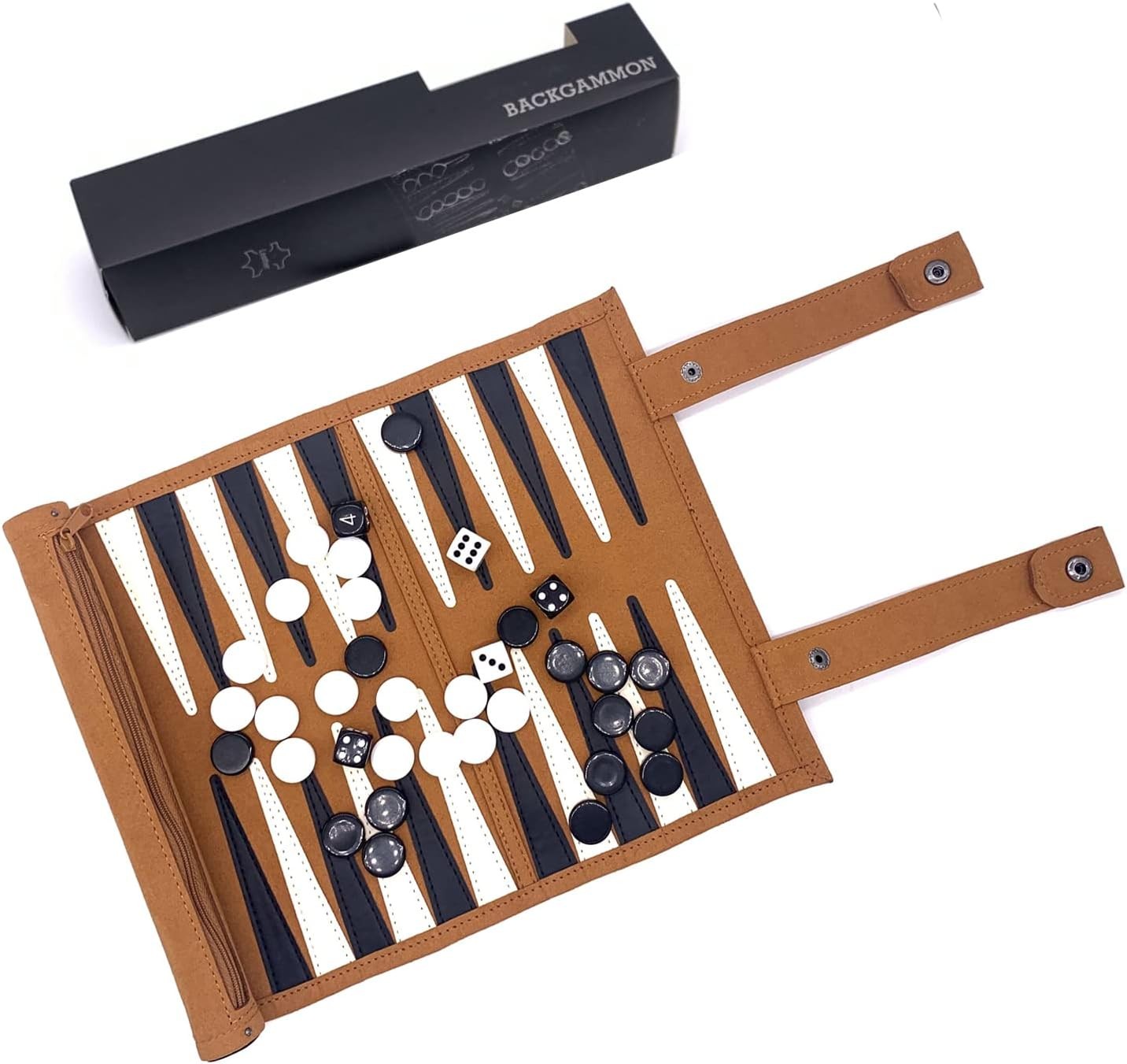 Travel Backgammon Set Roll Up Leather Portable Board Game 18.5 Inch