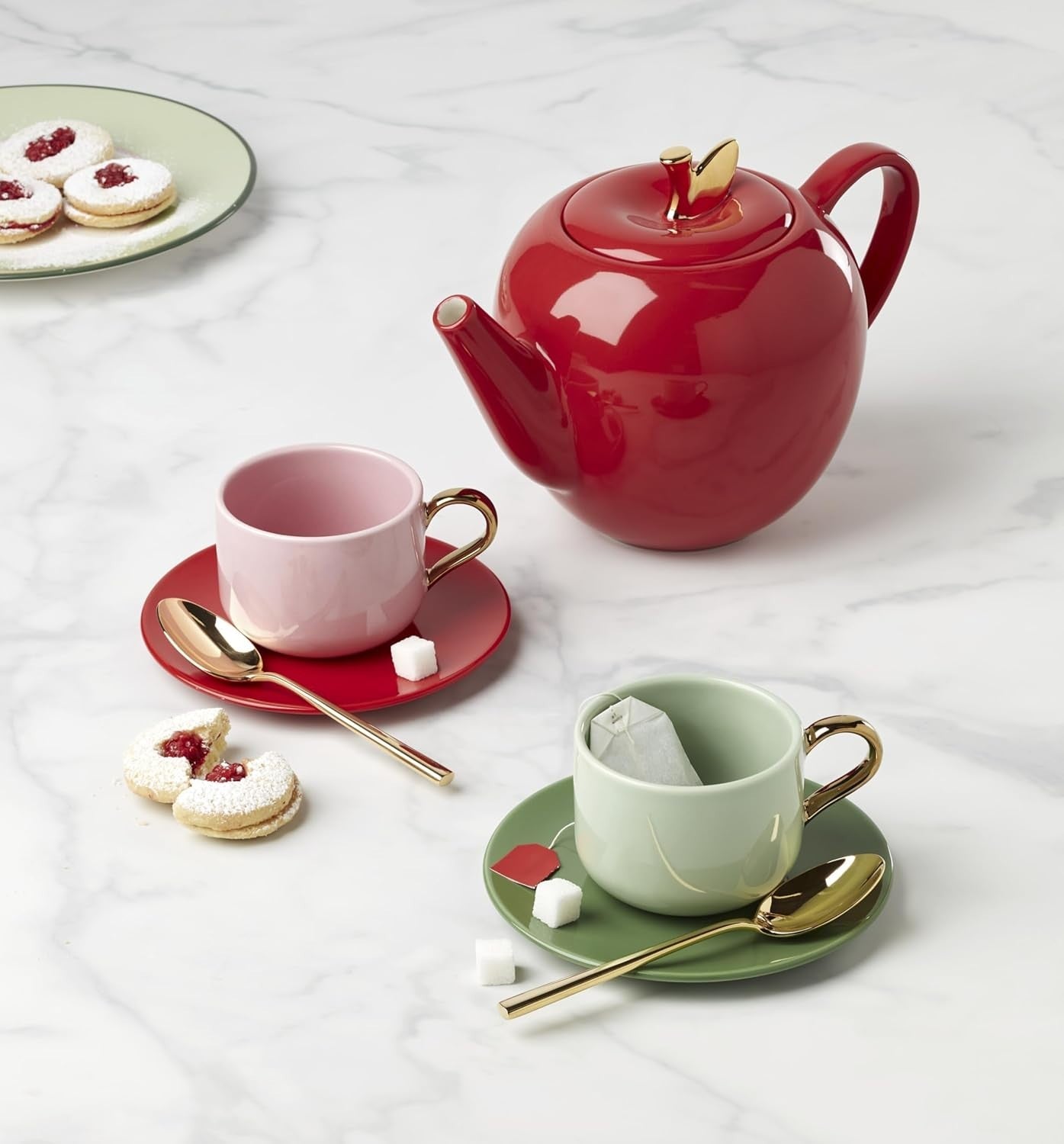 Apple Shaped Teapot Stoneware 60oz Red Tea Pot with Lid Decorative