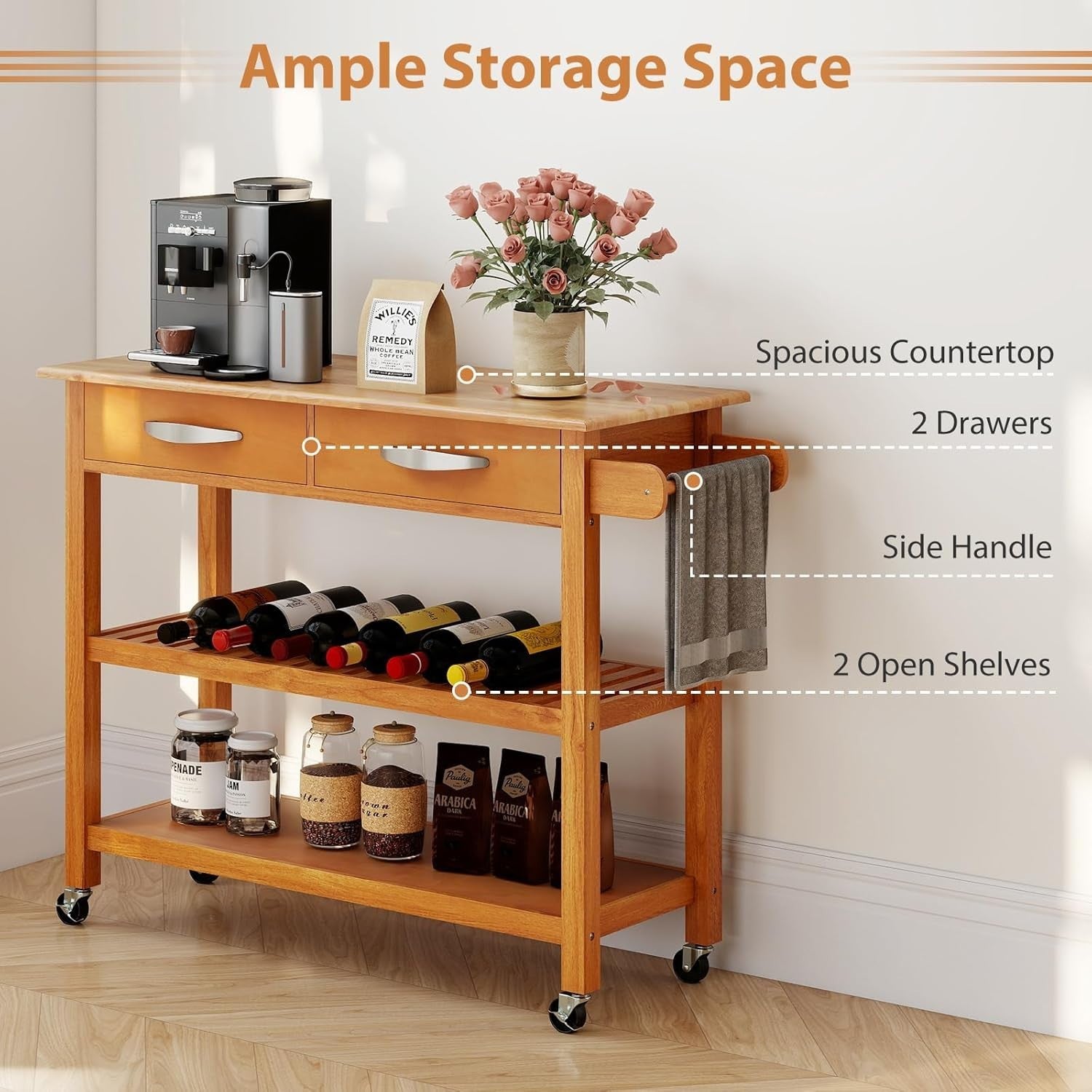 Natural Wood Kitchen Island Trolley 116x43x89cm w/ Drawers & Wheels