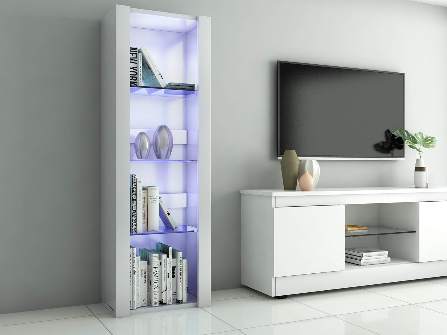 Tall LED Display Cabinet White Gloss Glass Shelves Modern Showcase Cupboard