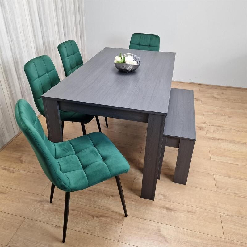 Dark Grey Dining Table Set with 4 Green Chairs & Bench, 6 Seater Kitchen