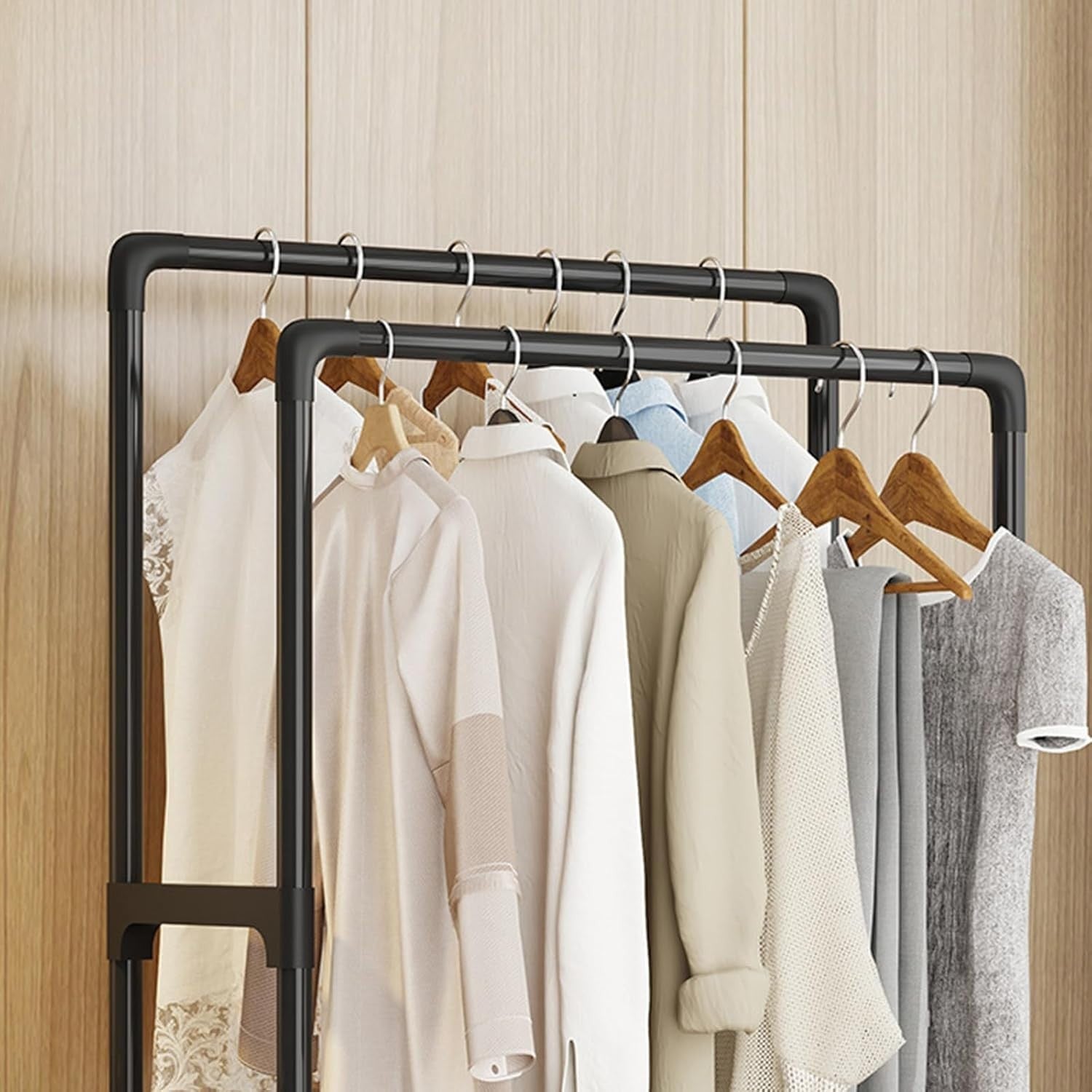 Black Metal Double Clothes Rail with Wheels & Shoe Rack