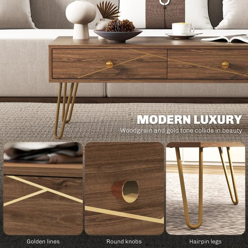 Modern Coffee Table with Storage Drawers & Gold Legs – 100cm, Brown