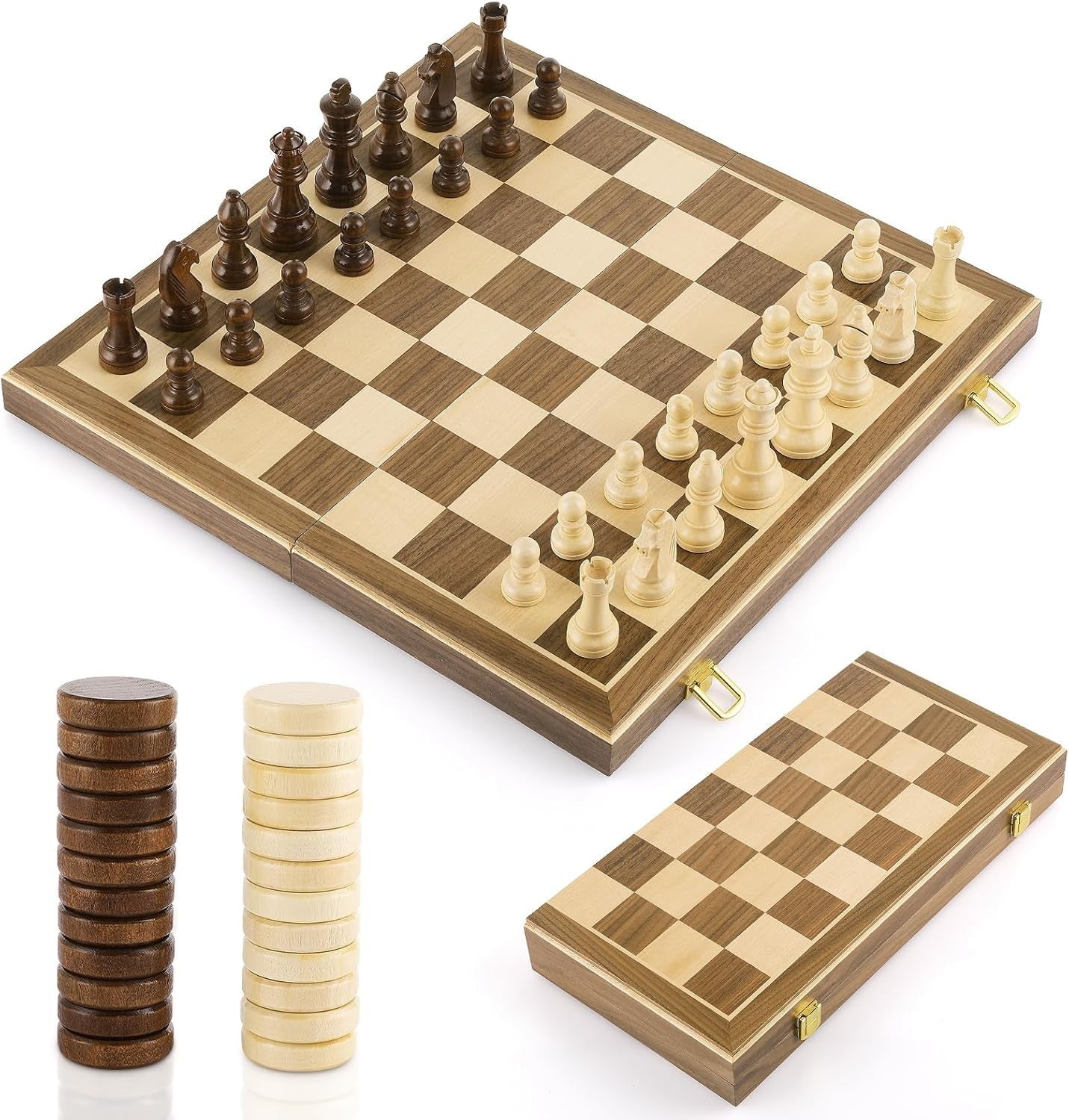 15" Magnetic 2-in-1 Wooden Chess & Draughts Board Set w/ Extra Queens