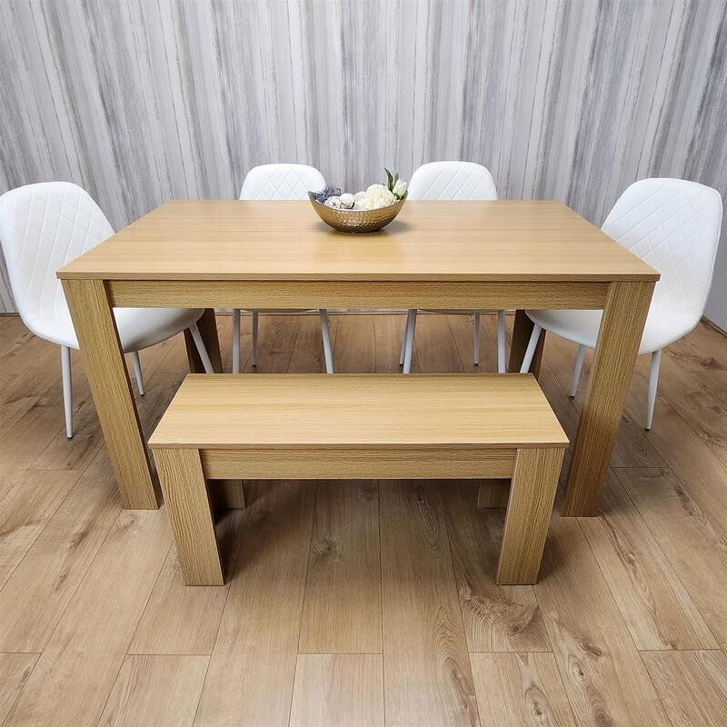 Oak Dining Table Set with 4 White Faux Leather Chairs & Bench, 6 Seater
