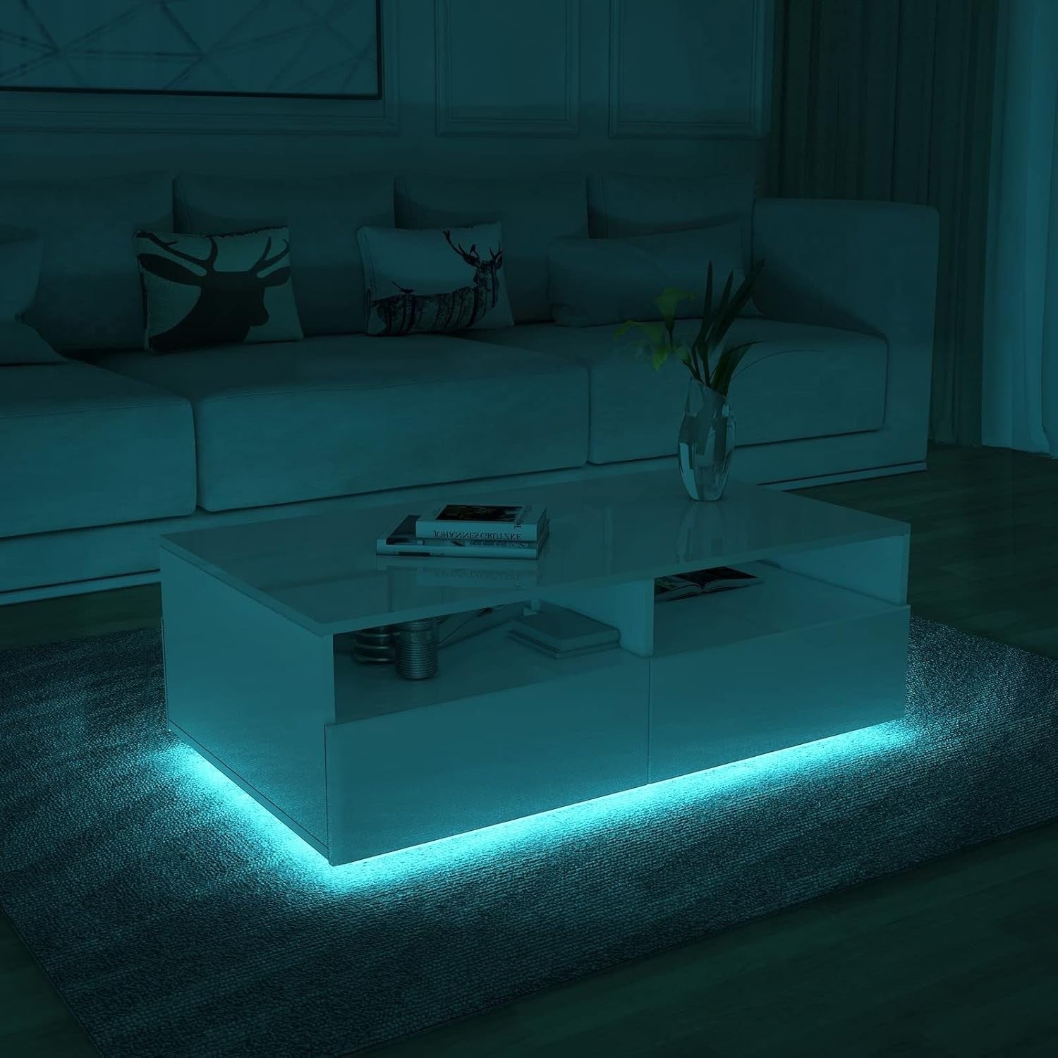 Modern White Gloss Coffee Table with 4 Drawers & LED Light 85x55x35cm