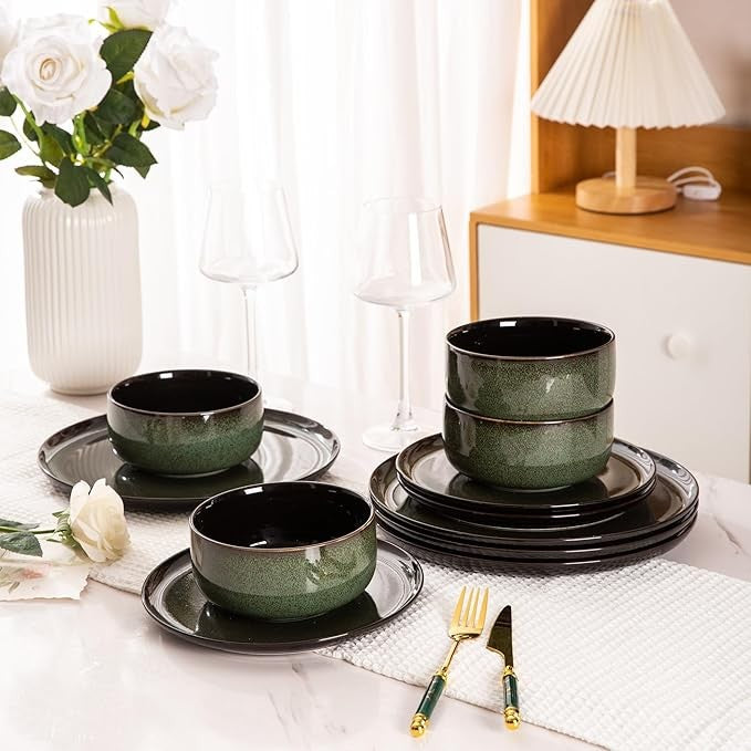 24pc Stoneware Dinner Set for 8 Jade Green Plates Bowls Microwave Safe