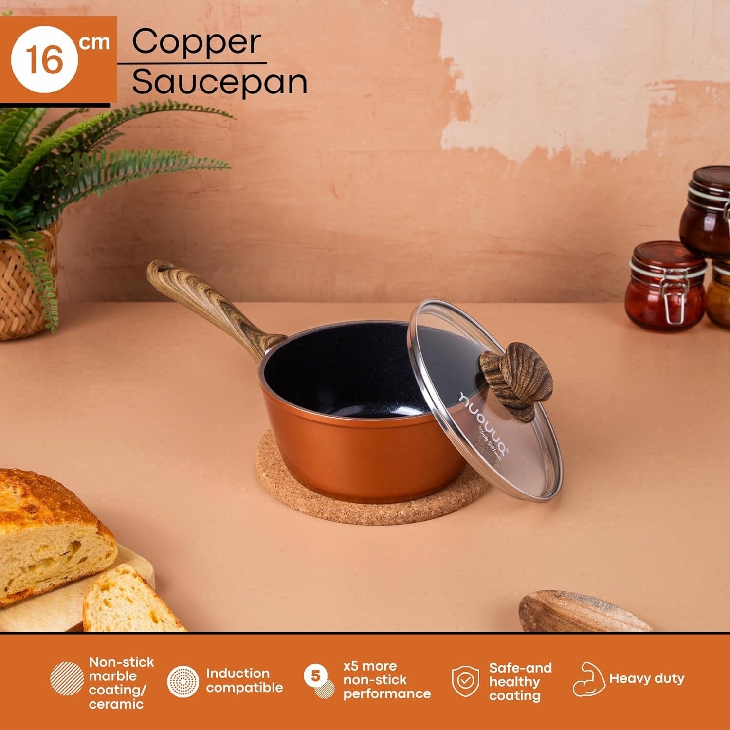 16cm Non-Stick Copper Saucepan with Glass Lid Induction & Gas Ready