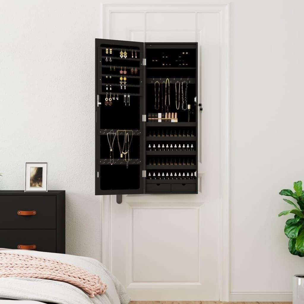 LED Wall Mounted Jewelry Cabinet Mirror Lockable Vertical Storage Black