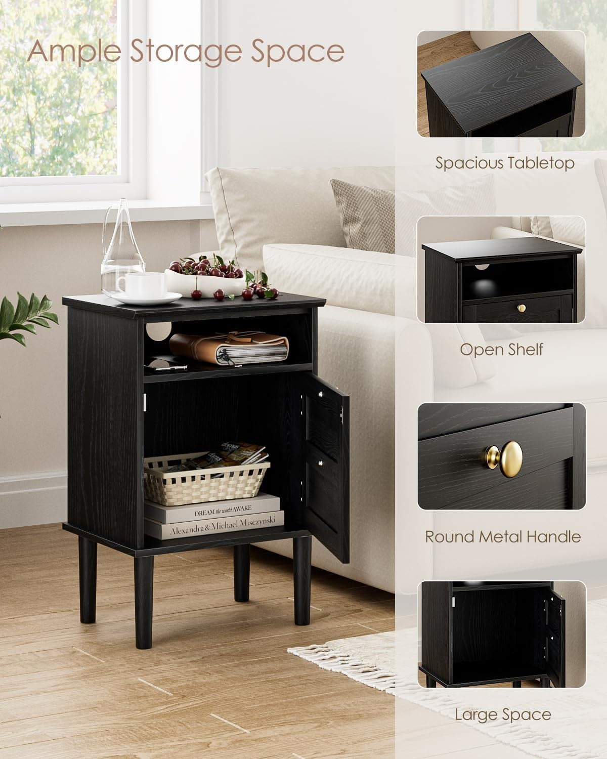 Black Wooden Bedside Table with Door & Open Shelf | Modern Vintage Nightstand