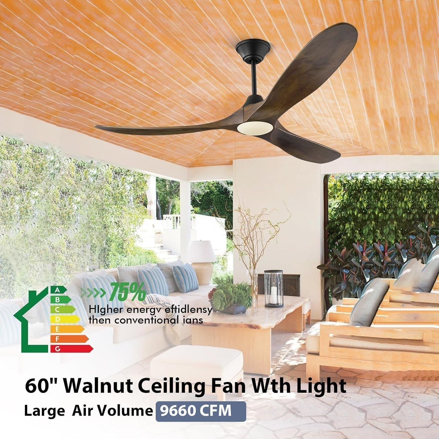 MSHENUED 52" Outdoor Ceiling Fan with Light, 3-Blade DC Motor, Black Walnut
