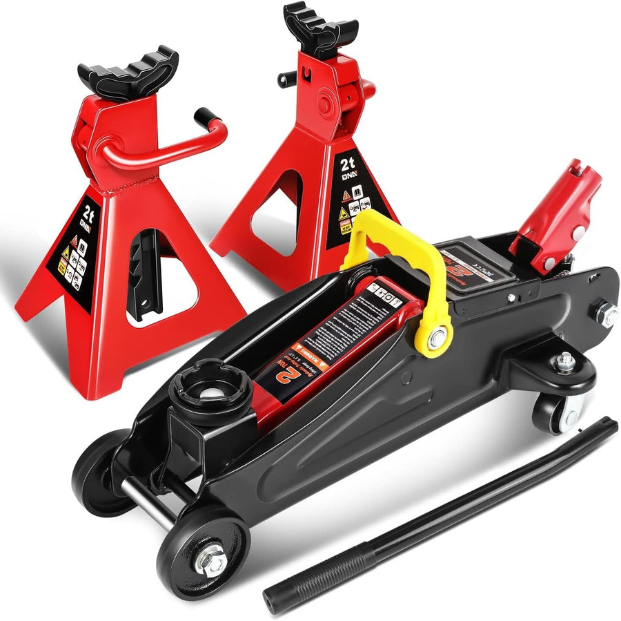 2 Ton Low Profile Trolley Jack 5.1–13" + Pair of Ratchet Axle Stands Set Red