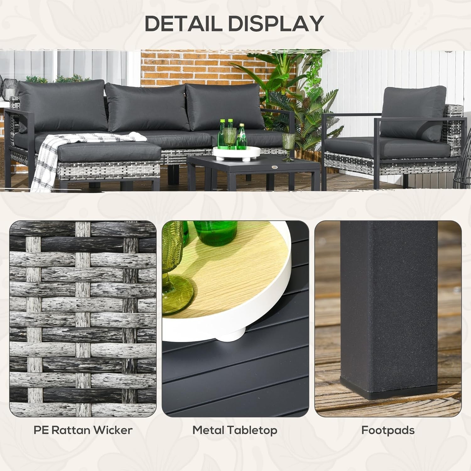 6pc Rattan Garden Sofa Set Chairs Table Footstool Outdoor Patio Grey
