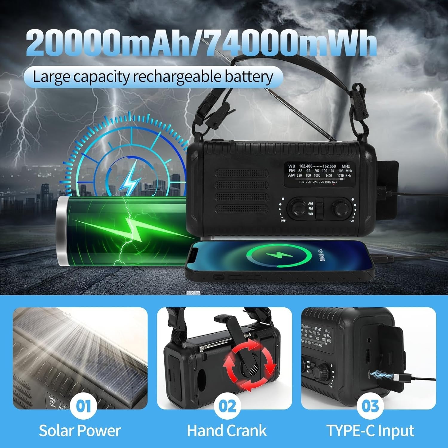 Wind Up Solar Emergency Radio 20000mAh AM/FM NOAA SOS Torch Black