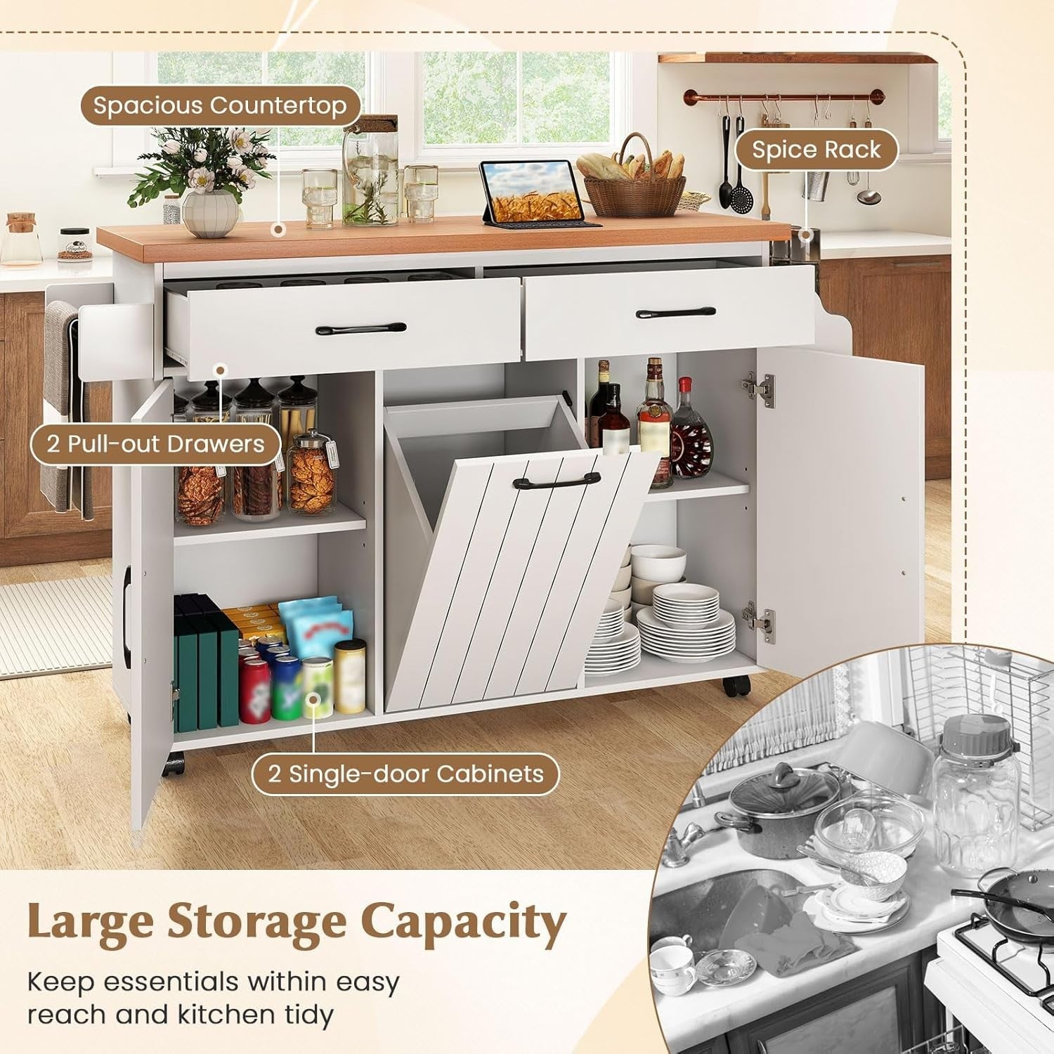 Kitchen Island Trolley with Trash Bin, Drawers & Shelves 147x41.5x87.5cm
