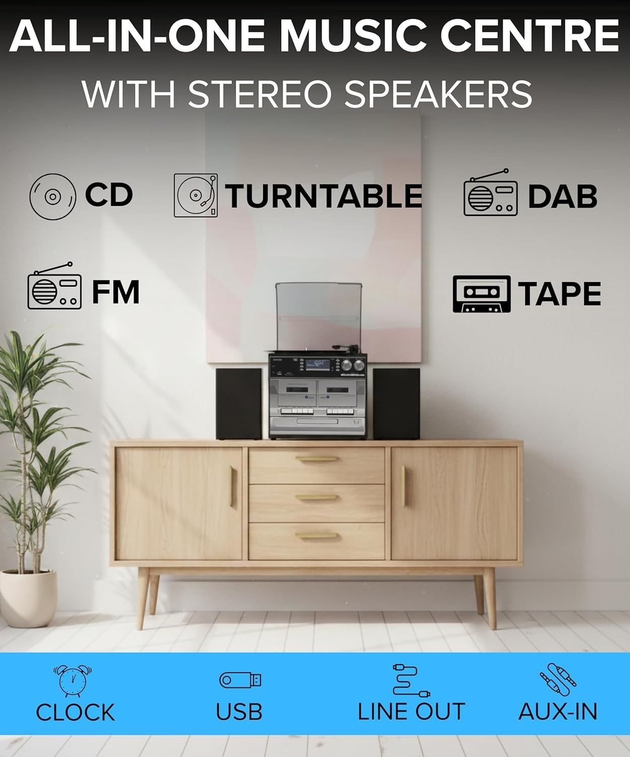 Record Player Turntable Cassette CD Hi-Fi System USB Recording DAB/FM Radio