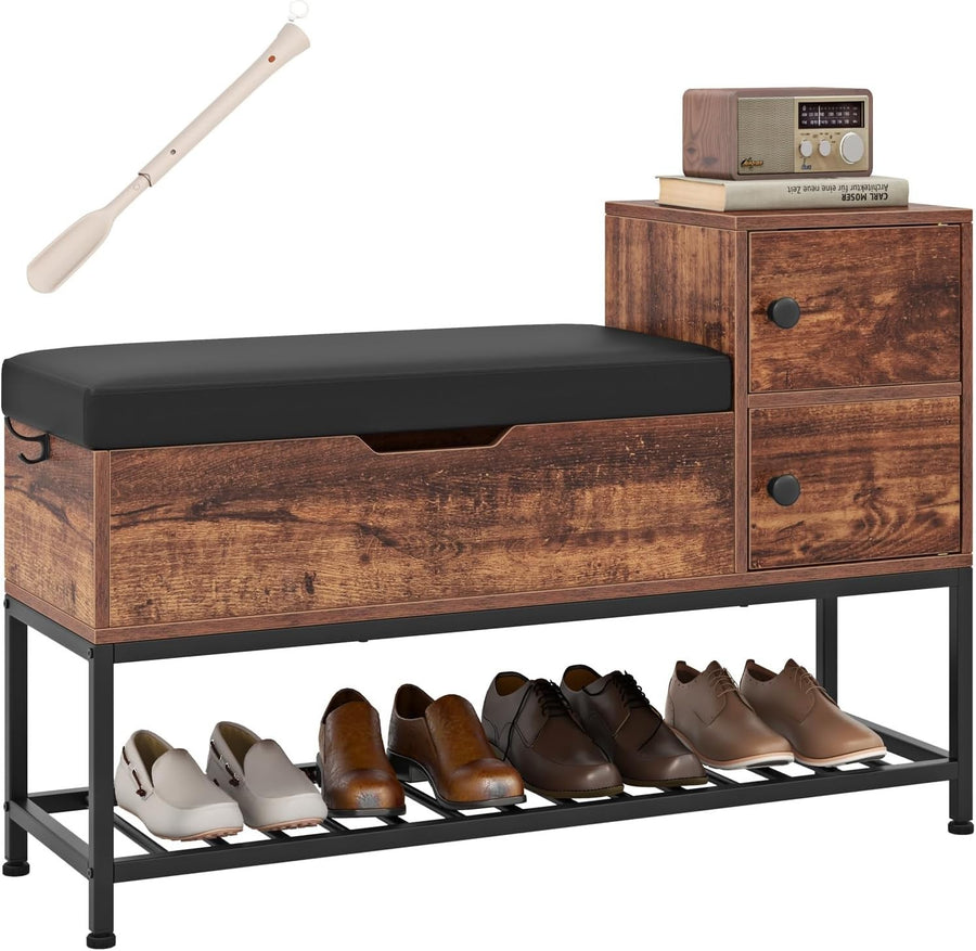 Rustic Brown Shoe Storage Bench with Flip Top & Cushion – Metal Frame 100cm