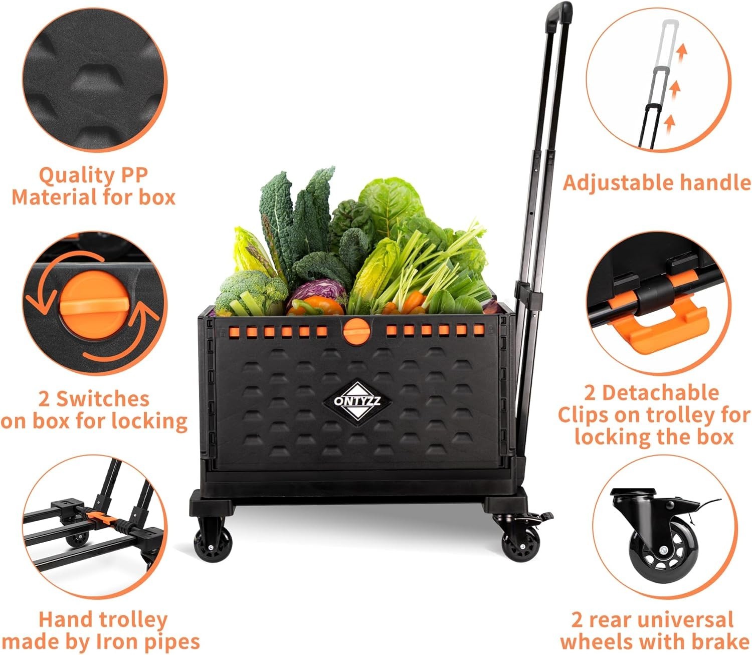 Foldable Shopping Trolley Utility Cart 60L Removable Box 360° Wheels