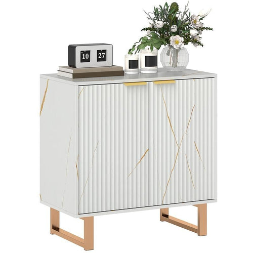 White Fluted Sideboard Cabinet with Gold Legs – Marble Effect Storage Unit