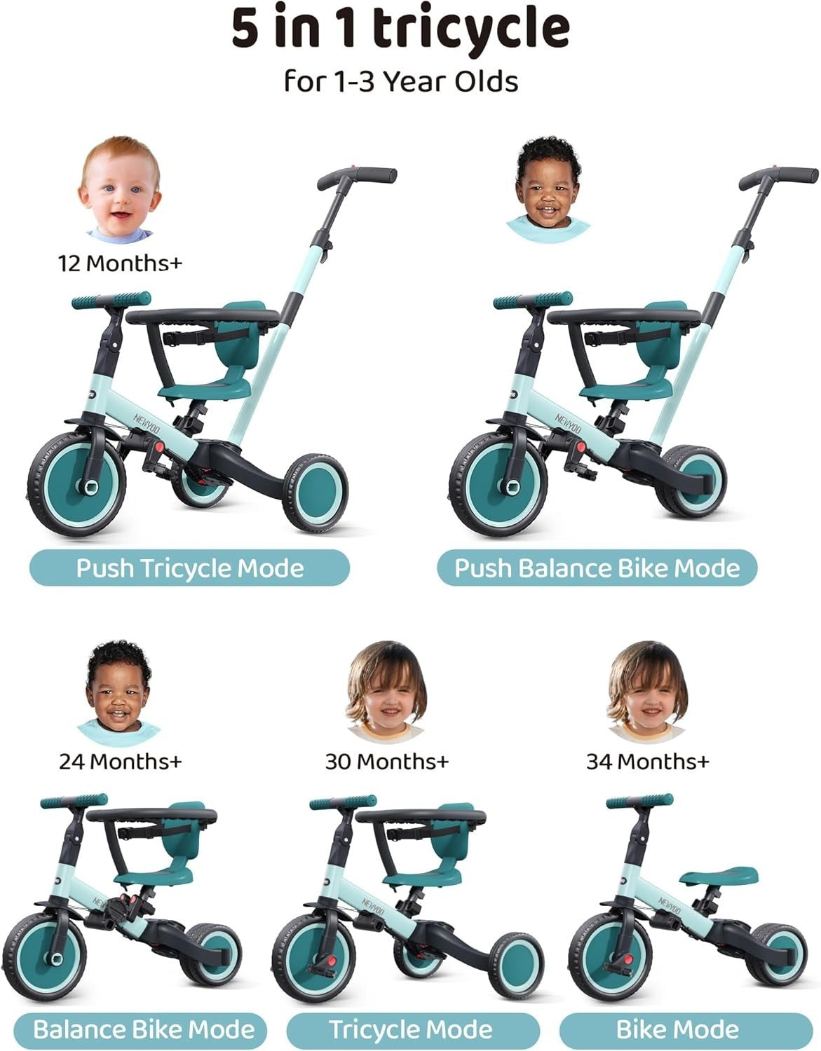 5 in 1 Toddler Tricycle Parent Handle Balance Bike Safety Belt Green