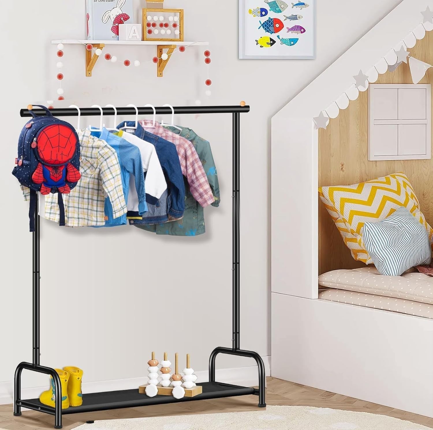 Kids Clothes Rail White Baby Dress Up Rack with Storage Shelf