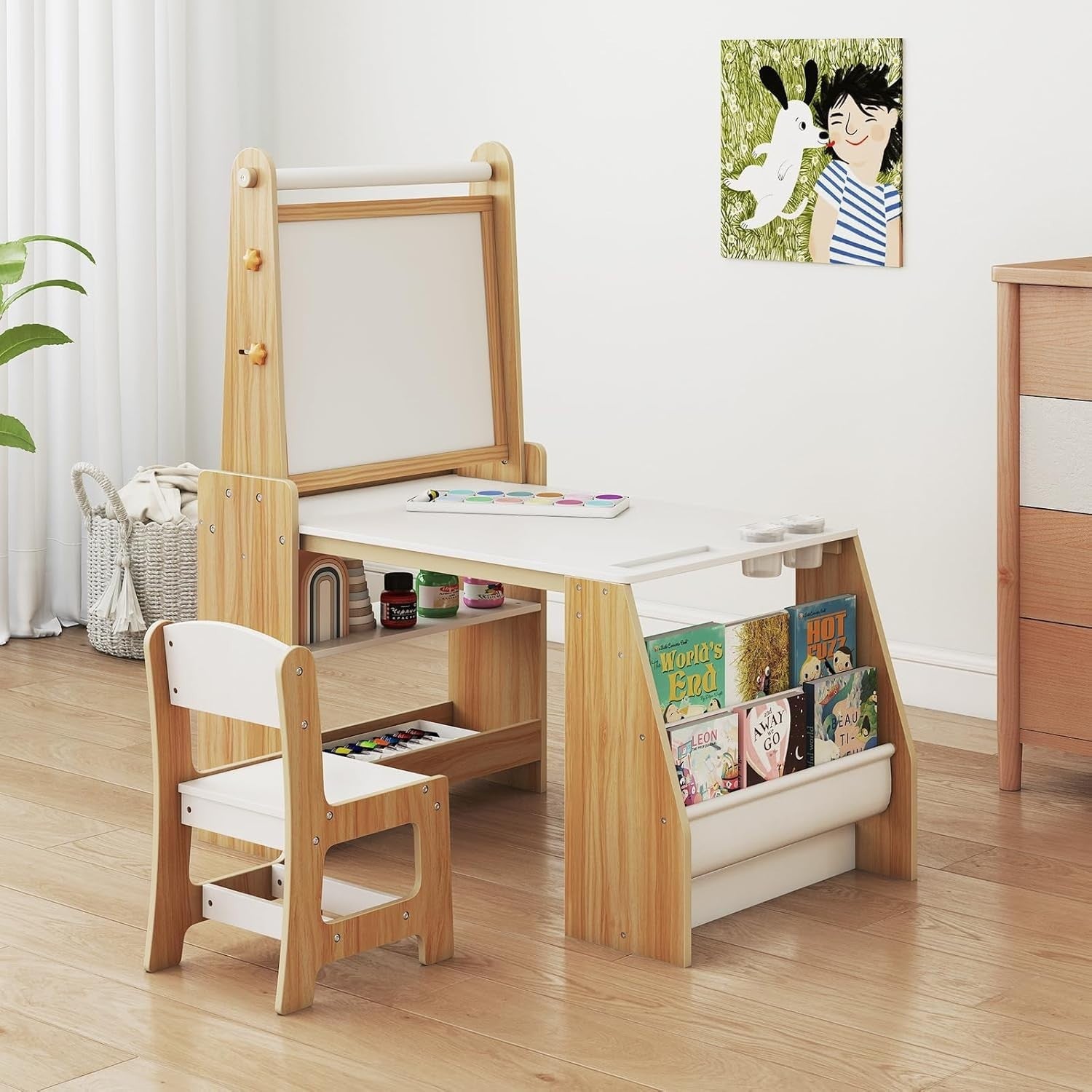 Kids Art Table & Chair Set with Double-Sided Easel, Paper Roll & Storage Shelves
